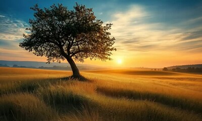 Wall Mural - yellow grassy field and lonesome tree standing against breathtaking sunset at the horizon