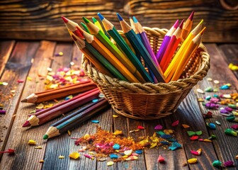 Wall Mural - Brightly Colored Pencils in a Rustic Basket Surrounded by Shavings on a Wooden Table, Showcasing an Artistic and Creative Workspace Setting