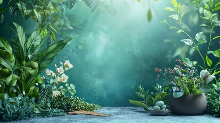 Wall Mural - green plants and flowers in a serene natural setting