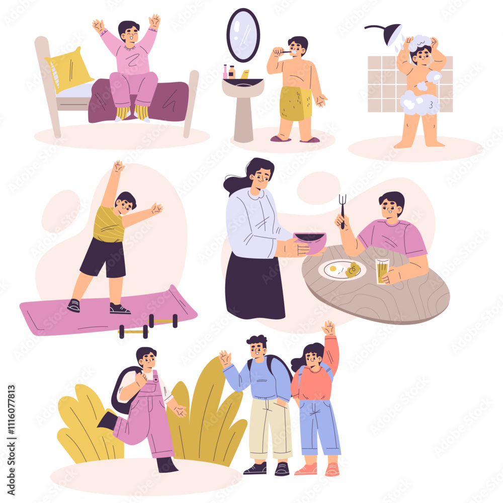 Boy Character Have Schedule and Daily Routine Activity Vector Set Stock ...