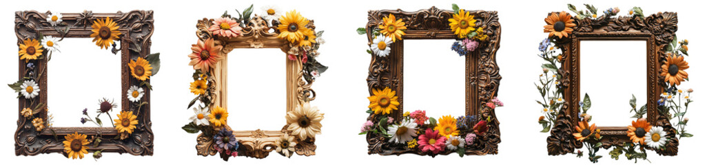 Wall Mural - vintage floral picture frames decorated with colorful flowers transparent background