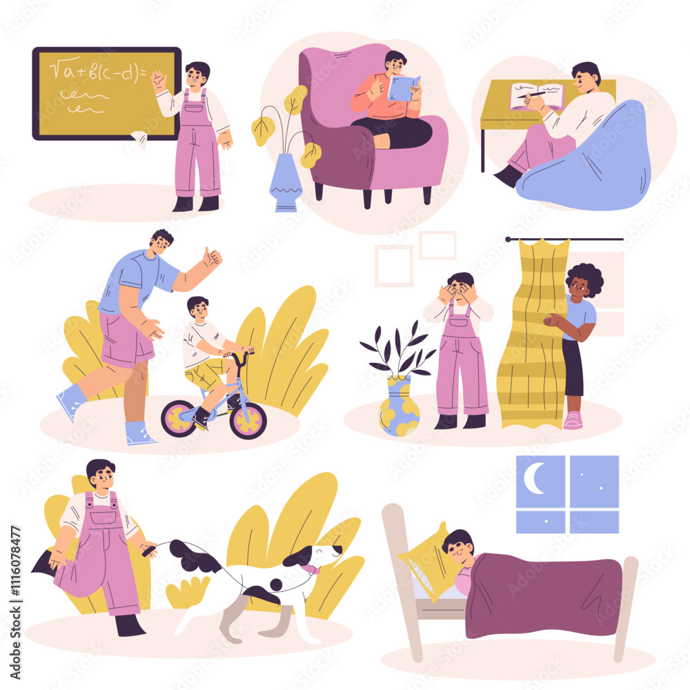 Boy Character Have Schedule and Daily Routine Activity Vector Set Stock ...