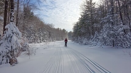 Sticker - Snow covered trail with a skier enjoying winter sports in a scenic landscape