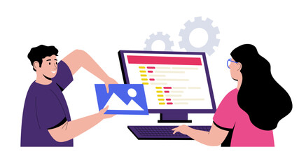 Wall Mural - two web developers collaborating on digital project insert an image into website code displayed on c