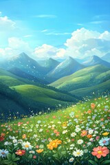 Poster - Vivid rolling hills with wildflowers and glowing light