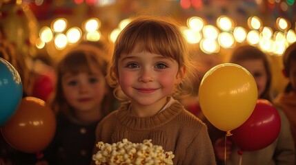 Wall Mural - Young girl enjoys fun party with popcorn and balloons surrounded by friends at festive event