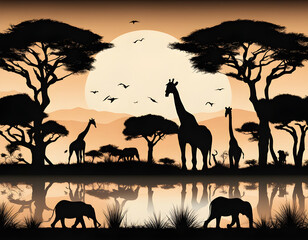 Sticker - black Silhouette of animals in the savannah African landscape scene background 