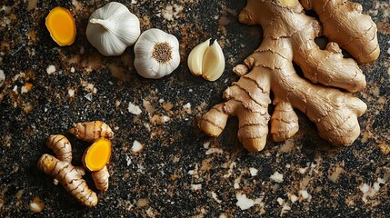 Wall Mural - A close-up of garlic cloves, ginger root, and fresh turmeric, essential ingredients for immune system support, placed on a rustic wooden cutting board 