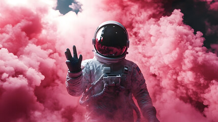 Wall Mural - an astronaut stands amid swirling pink smoke, symbolizing exploration and the curiosity of outer spa