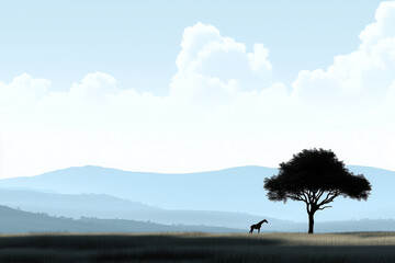 Wall Mural - A giraffe grazing under a tall acacia tree on the open savannah, with mountains in the distance