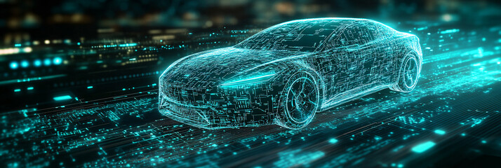 A cybernetic car icon made from circuits and data nodes, set against a backdrop of flowing online data and web development tools, with copy space for automotive promotions. 