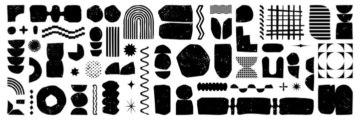 set of black cut out paper shape with white noise texture. vector naive art style elements for colla
