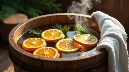 Wooden vat bath font with Water, with citrus and pine needles with steam. Sauna, steaming and phytotherapy with oranges