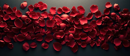 Wall Mural - vibrant red rose petals scattered on a dark background ideal for romantic designs and floral themes