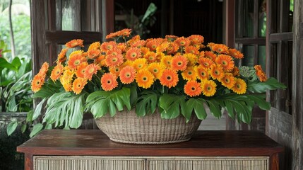 Wall Mural - Vibrant display of orange and yellow gerberas in a wooden vase on a rustic sideboard enhancing the warmth of the interior decor