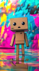 Canvas Print - Cute cardboard robot reflected in colorful liquid against vibrant graffiti background.