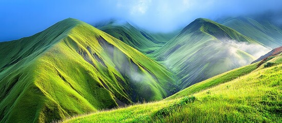 Wall Mural - serene misty mountainscape showcasing lush green slopes and tranquil fog enveloping the landscape un