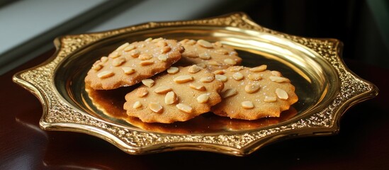 Canvas Print - Christmas cookies with almond nuts and ginger arranged on an elegant golden star plate for a festive holiday celebration.