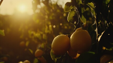 Fresh lemon close-up illuminated by warm sunlight in a retro-style setting, surrounded by lush green leaves and a blurred background of a lemon tree orchard, food, agriculture, nature.