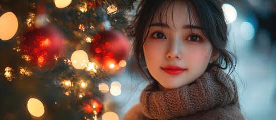 Canvas Print - Young Asian woman preparing for holiday decorations with Christmas tree lights and ornaments in a festive atmosphere.