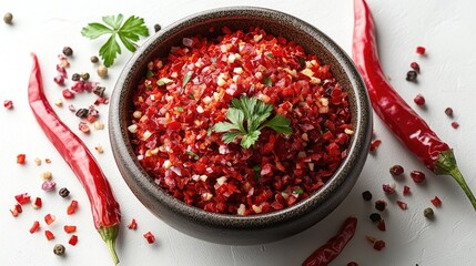 Wall Mural - Chopped red chili peppers in a dark bowl with fresh herbs, surrounded by whole red chilies and colorful peppercorns on a light surface, food preparation, spices, culinary.