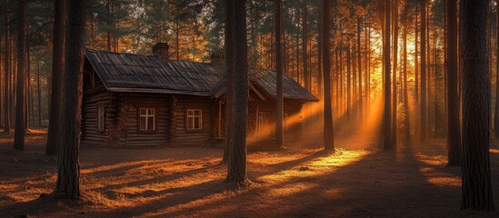 Wall Mural - abandoned rustic cabin nestled in a sunlit forest with golden rays illuminating trees and surroundin
