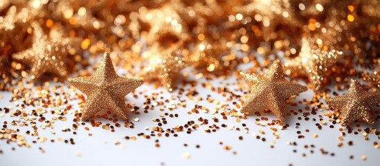 Canvas Print - Golden confetti stars on white background creating a festive ambiance perfect for holiday celebrations and seasonal design projects