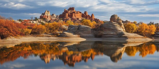 Wall Mural - majestic stone forest reflecting on a tranquil lake surrounded by autumn foliage under a dramatic sk