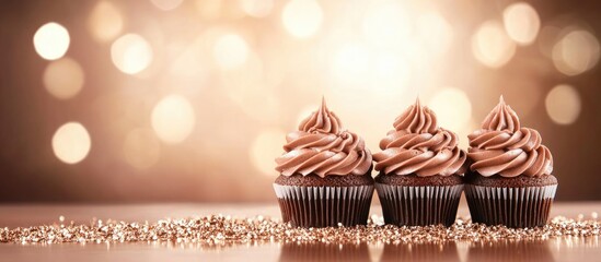 Canvas Print - Chocolate cupcakes decorated with rich frosting displayed elegantly against a blurred sparkling background for festive occasions.