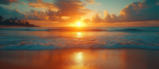 Wall Mural - Serene sunset over a tranquil beach illuminating the waves and sky with warm hues and reflections on the water's surface.