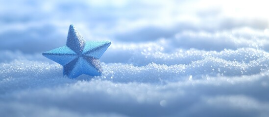 Canvas Print - Blue shiny star Christmas decoration on snow with abstract backdrop and selective focus creating a serene winter atmosphere.