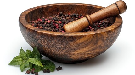 Wall Mural - Wooden mortar and pestle filled with various spices and herbs on a white background showcasing traditional kitchen tools and natural ingredients.