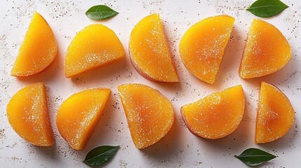 Wall Mural - Sliced dried mango segments arranged on a white background highlighting a nutritious and vibrant snack option with fresh green leaves.