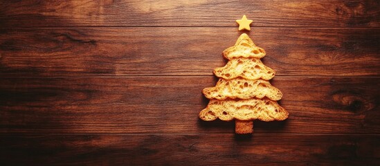 Canvas Print - Bread Christmas tree decoration on wooden table with copy space for festive culinary presentations and holiday themed designs