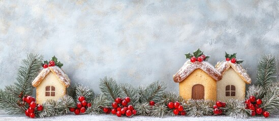 Poster - Traditional Christmas cake decorated with festive elements and surrounded by pine branches and berries on a gray textured background