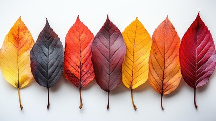 Wall Mural - Vibrant assortment of dry autumn leaves arranged in a line, showcasing a gradient of warm colors from deep red to bright yellow, nature, seasonal change, texture, flat lay.