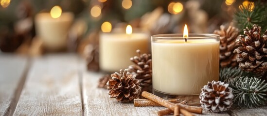 Poster - Christmas candles surrounded by pinecones and festive decor on a wooden table with a warm, inviting bokeh background