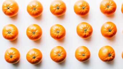 Wall Mural - Fresh tangerines arranged in a neat pattern on a clean white background showcasing vibrant colors and natural textures.