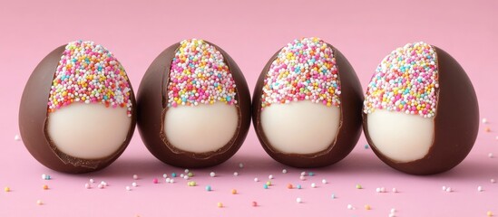 Canvas Print - Gourmet Chocolate Stuffed Easter Eggs with Colorful Sprinkles on Pink Background Close Up