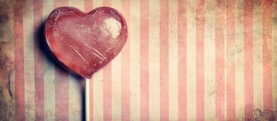 Wall Mural - Heart shaped lollipop on a vintage striped background creating a sweet and nostalgic atmosphere for romantic themes