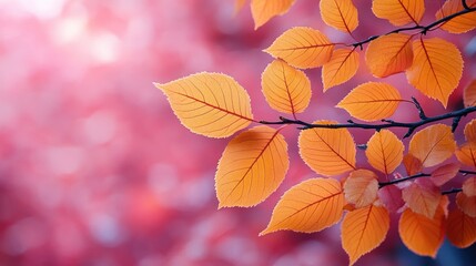 Wall Mural - Vibrant autumn leaves in shades of orange on a soft pink background, with a blurred effect enhancing the seasonal feel, nature, fall colors, foliage, tranquility.