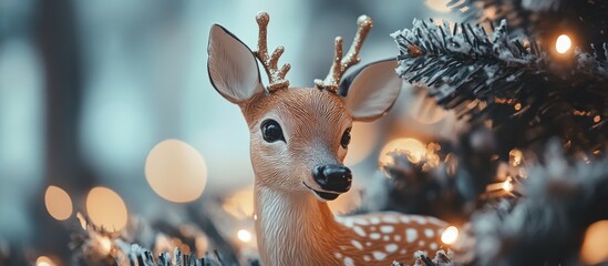 Aufkleber - Christmas deer ornament on artificial tree with decorations and warm lights in a festive winter setting romantic soft bokeh background