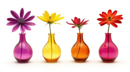 Leinwandbilder - Vibrant artificial flowers in colorful vases arranged against a clean white background for decorative purposes and floral design inspiration