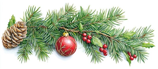 Poster - Christmas tree close-up featuring lush green pine branches, a red ornament, cones, and red berries against a white backdrop.