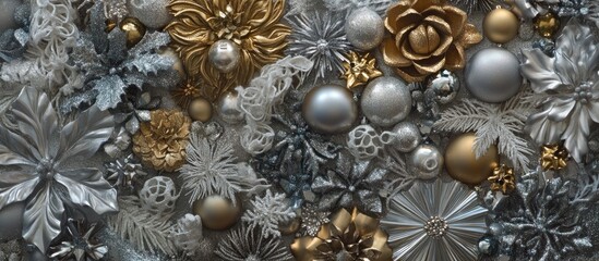 Aufkleber - Elegant Christmas backdrop adorned with intricate silver and gold ornaments for festive celebrations and holiday-themed designs.