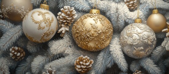 Aufkleber - Elegant gold and white Christmas ornaments on frosted spruce branches adorned with pine cones creating a warm holiday atmosphere.