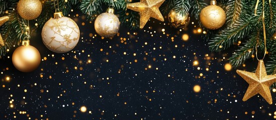 Aufkleber - Gold Christmas ornaments and stars on green fir tree branches with a sparkling dark background for festive holiday designs.