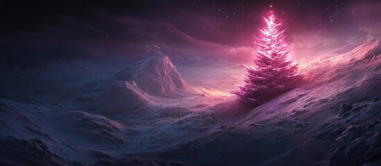 Poster - Stunning pink illuminated Christmas tree in a serene snowy landscape under a starry night sky creating a magical winter atmosphere