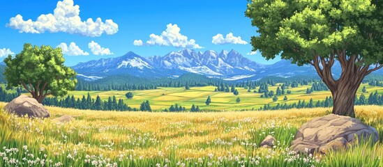 Aufkleber - Lush green valley landscape with mountains and vibrant blue skies in a serene natural setting.