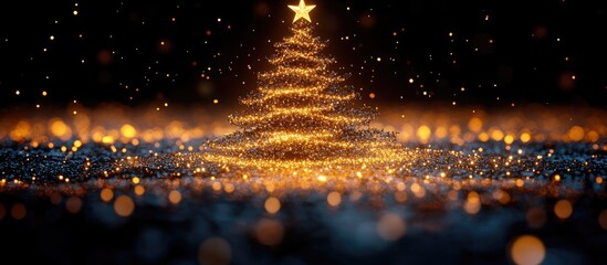 Poster - Glowing Christmas tree silhouette with stars and lights on a dark background creating a magical holiday ambiance.